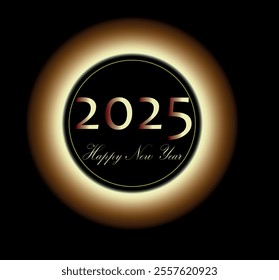 Creative Happy New Year 2025 Typography in a Circular Design with Luxury Gold and Black Theme. 