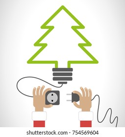 Diseño creativo y feliz de año nuevo. Antecedentes de Año Nuevo.  Manos de un hombre con enchufe y enchufe eléctricos, una bombilla abstracta con árbol de navidad. El archivo se guarda en la versión 10 EPS.