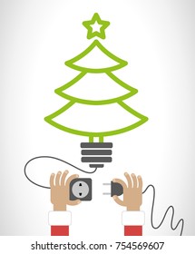 Diseño creativo y feliz de año nuevo. Antecedentes de Año Nuevo.  Manos de un hombre con enchufe y enchufe eléctricos, una bombilla abstracta con árbol de navidad. El archivo se guarda en la versión 10 EPS.