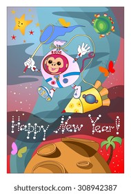 Creative Happy New Year greeting card with monkey - chinese symbol of 2016. Monkey in space suit is flying by star. Vector illustration. 