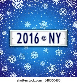 Creative Happy New Year label with date - 2016. Unusual Christmas design in the style of car license plate