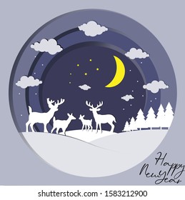 Creative Happy New Year and Merry Christmas greeting card design. Winter forest and the deer family idyll. Paper art and craft style.