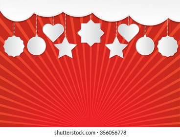 Creative happy new year ornaments with cloud decoration design on red sun rays background.
