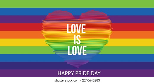 Creative Happy Pride Month Banner. Gay Pride Banner with LGBT Flag Background. Vector Banner for Gay Pride Month 2023. happy pride month lgbt multiracial with hearts vector illustrationpride month lgb