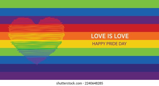 Creative Happy Pride Month Banner. Gay Pride Banner with LGBT Flag Background. Vector Banner for Gay Pride Month 2023. happy pride month lgbt multiracial with hearts vector illustrationpride month lgb