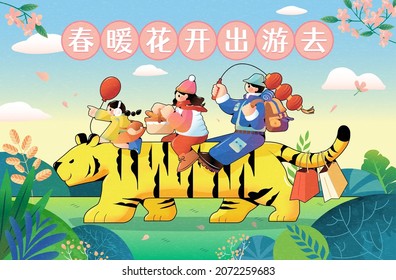 Kreative, fröhliche Frühlingsgrafik. Die süße asiatische Familie reitet auf einem Tiger für Ausflüge. Übersetzung: Genießen Sie Ihre Reise in den chinesischen Neujahrsurlaub