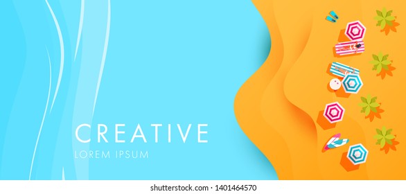 Creative happy summer holidays background with sea, beach, sand, sun beds and umbrellas with space for text.