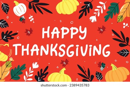 A creative Happy Thanksgiving card design template with pumpkins and Fall foliage in the background. A vector illustration