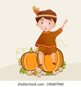 Creative Happy Thanksgiving Day celebrations concept with young tribe kid sitting on pumpkin and maple leaves on beige background.