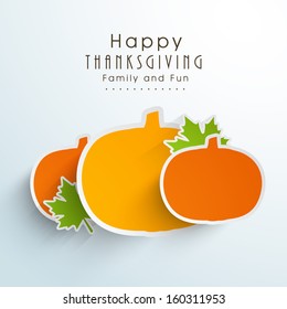 Creative Happy Thanksgiving Day stickers, labels or tag in pumpkin shapes on blue background. 