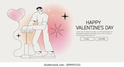 Creative happy valentines day banner, landing web page, poster or social media ads or greeting with male character blowing balloon in heart shape. Love confession or valentine card with man in love.