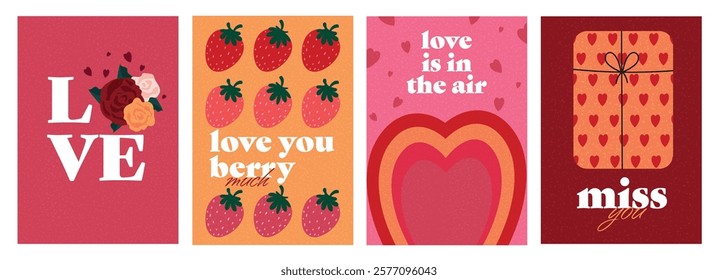 Creative Happy Valentines Day cards set. Modern abstract art design with hearts, roses lettering. Templates for celebration, ads, branding, banner, cover, label, poster, sales. Vector illustration