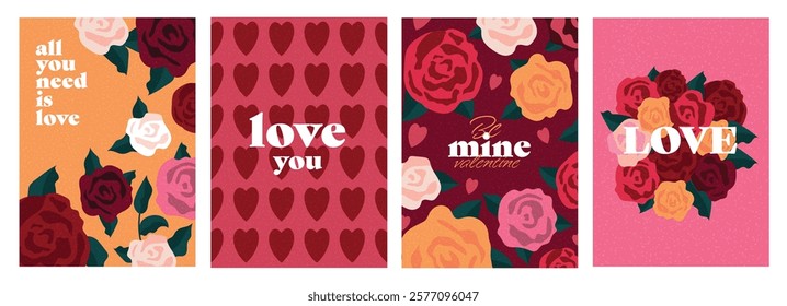 Creative Happy Valentines Day cards set. Modern abstract art design with hearts, roses lettering. Templates for celebration, ads, branding, banner, cover, label, poster, sales. Vector illustration