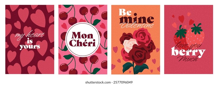 Creative Happy Valentines Day cards set. Modern abstract art design with hearts, roses lettering. Templates for celebration, ads, branding, banner, cover, label, poster, sales. Vector illustration
