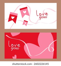 Creative Happy Valentines Day cards set. Modern abstract art design with hearts, tags and modern typography. Horizontal templates for celebration, ads, branding, banner, cover, label, poster, sales