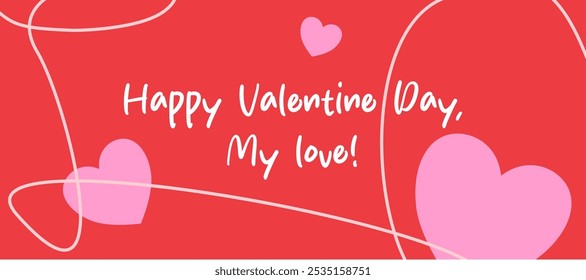 Creative Happy Valentine's Day with cute pink heart, abstract line in red background for sale, advertising, brochures, postcard, greeting card, flyer, banners, social media. vector illustration
