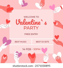 Creative Happy Valentines Day invitations. Modern abstract art design with hands holding hearts. Templates for celebration, ads, branding, banner, cover, label, poster, sales.