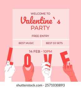 Creative Happy Valentines Day square invitations. Modern abstract art design with hands holding hearts. Templates for celebration, ads, branding, banner, cover, label, poster, sales.