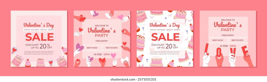 Creative Happy Valentines Day square invitations set. Modern abstract art design with hearts, love, hands, cakes. Templates for celebration, ads, branding, banner, cover, label, poster, sales