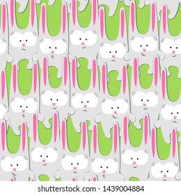 Creative hare rabbit on a bright green background Seamless pattern Funny cute childish pattern hare rabbit character for birthday card baby background wallpaper cover printing on paper textile Vector