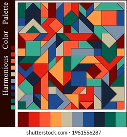 Creative Harmonious Color Palette with Geometric Composition. Graphic Background with Blue, Green, Orange, Red, Yellow, Grey Colors Swatches. Unique Colour Scheme for Inspiration.
