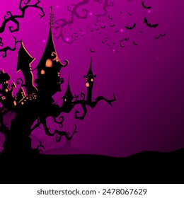 Creative haunted house on the dead tree with flying bats in night view for Happy Halloween Party celebration.