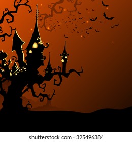 Creative haunted house on the dead tree with flying bats in night view for Happy Halloween Party celebration.