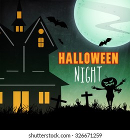 Creative haunted house on horrible night background for Happy Halloween Party celebration.