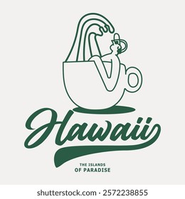 Creative Hawaii design with a surfer riding waves inside a coffee cup. Represents tropical paradise, surfing, and island vibes. Ideal for apparel, branding, or travel-themed designs.