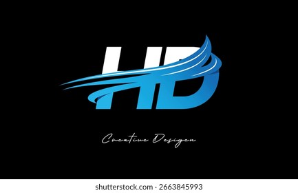 Creative HD Initial Letter Logo with Blue Wave Elements. Modern Creative Branding Design on Black Background