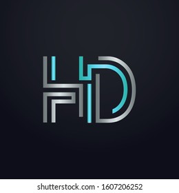 Creative HD letter with maze linear style. Modern logo symbol for business corporate. Blue and white logo on blue dark background. Square shape, colorful, linked and technology. Unusual design vector.