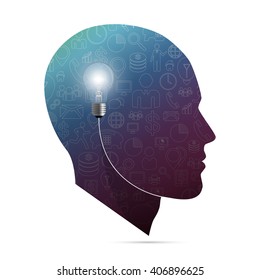 Creative head. Abstract concept with bulb. Vector illustration