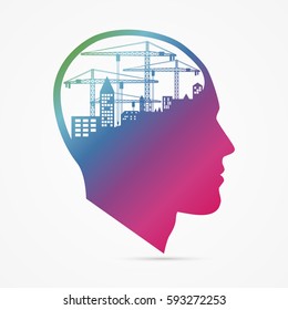 Creative head with crane. City under construction background. Vector illustration