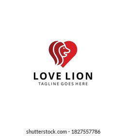 Creative head lion king with heart sign logo design vector illustration emblem template