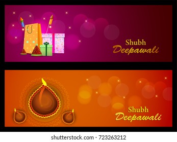 Creative Header or Banner design with shiny background,shopping bag,gifts or realistic Diya for the celebration of Indian Festival of Lights Happy Diwali(Shubh Deepawali).