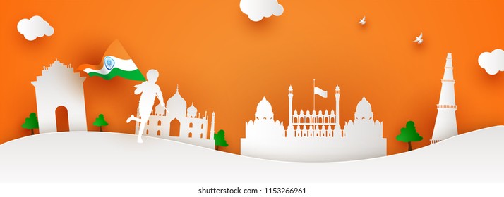 Creative header or banner design. White paper cutout style, boy holding National Flag of India, famous Indian monuments on saffron color background. National Event celebration concept.