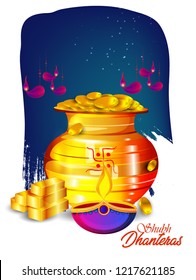 creative header, banner or poster for Shubh Dhanteras,  with golden shiny pot filled with gold coins of diwali festival celebration background. Shubh dhanteras.