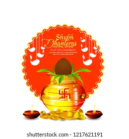creative header, banner or poster for Shubh Dhanteras,  with golden shiny pot filled with gold coins of diwali festival celebration background. Shubh dhanteras.