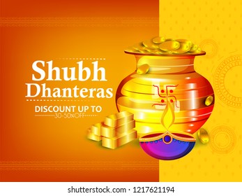 creative header, banner or poster for Shubh Dhanteras,  with golden shiny pot filled with gold coins of diwali festival celebration background. Shubh dhanteras.
