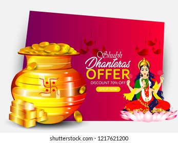 creative header, banner or poster for Shubh Dhanteras,  with golden shiny pot filled with gold coins of diwali festival celebration background. Shubh dhanteras.