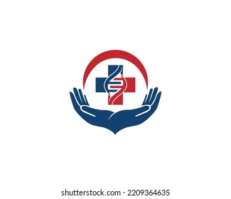 Creative Health Care Logo Concept. Medical,  Biotechnology, DNA, Pharmacy and Helping Hands  Modern Vector Illustration.