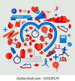 Creative Health and fitness Elements. Creative flat vector illustration with various health symbols.