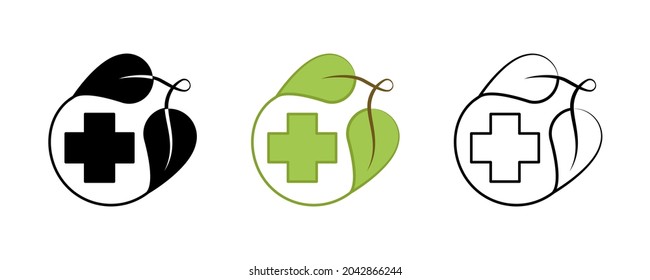 Creative health plus sign and leaf icon set. Contains Symbols such as Leaf and health sign. Editable Stroke. Vegan, healthy lifestyle logo design.
Colored, silhouette and linear icon set.