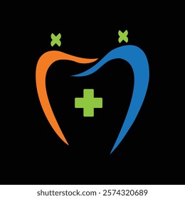 Creative healthcare logo design with tooth shape, green cross, orange and blue elements