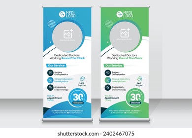 Creative healthcare and medical roll up design for hospital doctor clinic dental. standing banner template for exhibition.