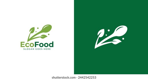 Diseños creativos de logotipos de alimentos saludables. Icono de los diseños de la cuchara y de la hoja del árbol Vector Inspiración para el restaurante Saludable.