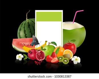 Creative healthy mix fruit. Apple, Orange, Pomegranate and kiwi with sliced fresh fruit, for a low calorie snack, isolated on black background, vector and illustration.