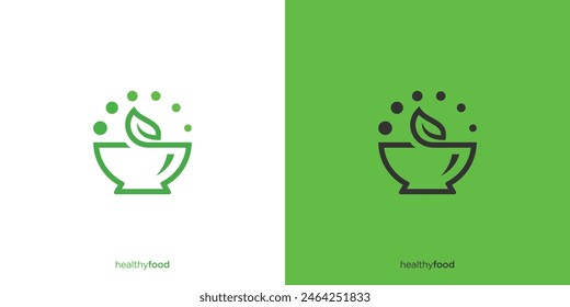 Creative Healthy Bio Food Logo. Schale und Blatt-Symbol, Öko Vegetarisches Fresh Food Grüner Salat Gesundes Essen Logo Design Vektorgrafik Vorlage.