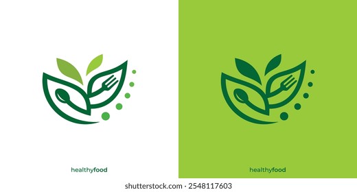 Creative Healthy Salad Logo. Löffel Gabel Blatt, Öko Vegetarisch Fresh Food Grüner Salat Gesunde Lebensmittel Logo Design-Vorlage.