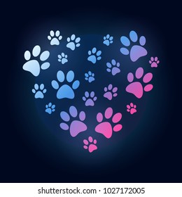 Creative heart with cat paw prints illustration. Vector dog footprints in heart shape sign on dark background